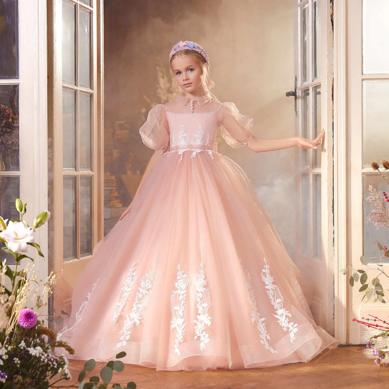 Pastel Color Flower Girl Dress With Lantern Sleeves(Pastel Color Flower Girl Dress With Lantern Sleeves) 2 Pastel Color Flower Girl Dress With Lantern Sleeves(Pastel Color Flower Girl Dress With Lantern Sleeves) - Image 2