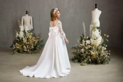 SADBURY – A-LINE COMMUNION DRESS WITH SHEER FLORAL PUFF SLEEVES(Sadbury A Line Communion Dress With Sheer Floral Puff Sleeves) -Mia Bambina Store mia bambina boutique sadbury a line communion dress with sheer floral puff sleeves 2