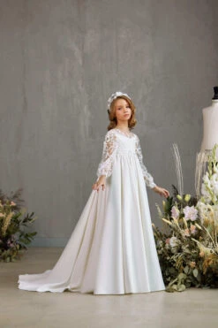 SADBURY – A-LINE COMMUNION DRESS WITH SHEER FLORAL PUFF SLEEVES(Sadbury A Line Communion Dress With Sheer Floral Puff Sleeves)