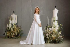 SADBURY – A-LINE COMMUNION DRESS WITH SHEER FLORAL PUFF SLEEVES(Sadbury A Line Communion Dress With Sheer Floral Puff Sleeves) -Mia Bambina Store mia bambina boutique sadbury a line communion dress with sheer floral puff sleeves 3