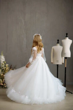 SARNIA – DELICATE COMMUNION DRESS WITH SHEER PUFF SLEEVES AND RUFFLED HEM(Sarnia Delicate Communion Dress With Sheer Puff Sleeves And Ruffled Hem) -Mia Bambina Store mia bambina boutique sarnia delicate communion dress with sheer puff sleeves and ruffled hem 4