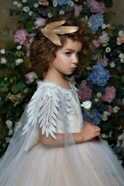 Enrica Princess Flower Girl Ball Gown With Cape(Sleeveless Lace Illusion Bodice Princess Ball Gown Flower Girl With Cape)