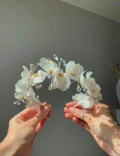 White Floral Hair Crown For Girls | Handmade Crystal & Pearl Headpiece(White Floral Hair Crown For Girls Handmade Crystal Pearl Headpiece) -Mia Bambina Store mia bambina boutique white floral hair crown for girls handmade crystal pearl headpiece 4