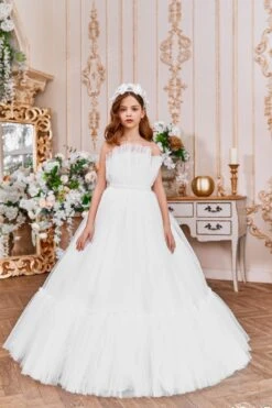 White Ruffle Tulle Dress With Open Shoulders(White Ruffle Tulle Dress With Open Shoulders)