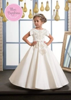 Stockton A-line Satin First Communion Dress With Short Sleeves(Girls Stockton Satin Dress For Communions)