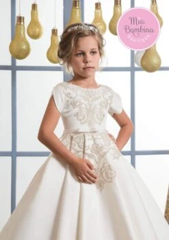 Stockton A-line Satin First Communion Dress With Short Sleeves(Girls Stockton Satin Dress For Communions) -Mia Bambina Store stockton satin a line dress with short sleeves mia bambina boutique 19591962566